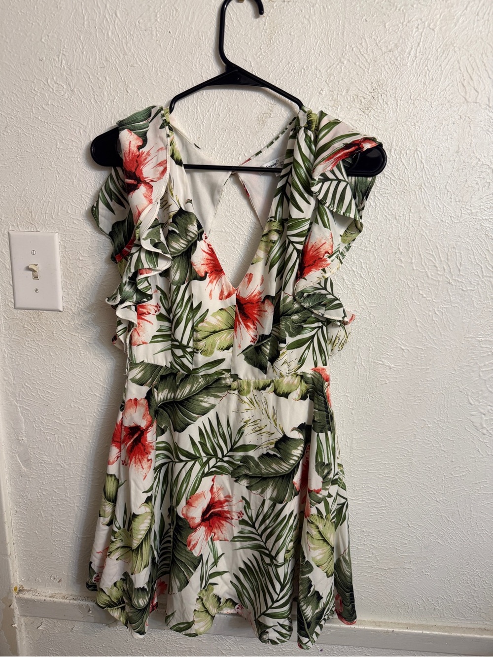 Y2K Floral Tropical V-Neck Ruffle Sundress - White with Green & Coral